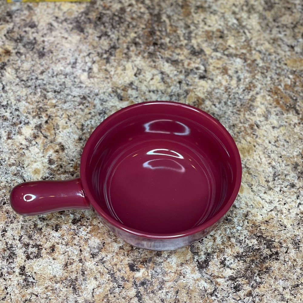 Rae Dunn “Soup” bowl w handle. Burgundy, white lettering, Microwave & Oven safe - Picture 4 of 10